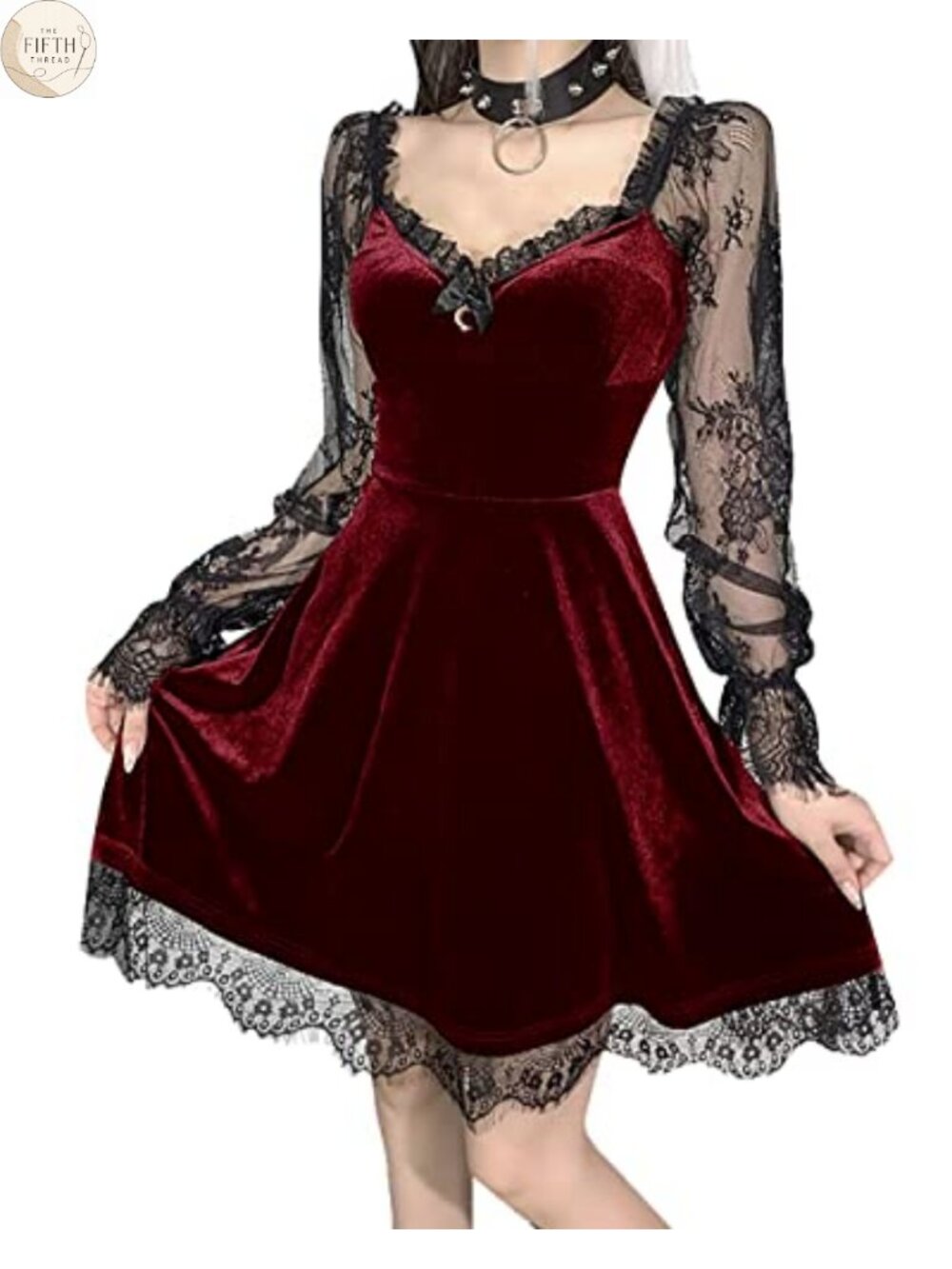 Women's Gothic Velvet Dress Lace Long Sleeve Midi Lolita A-Line